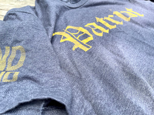 Pre order Mens Patriot tee front print (Aprox 3 week lead time) NAVY heather Tee with yellow screen print.